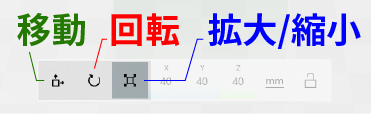 「移動」「回転」「拡大／縮小」のボタン