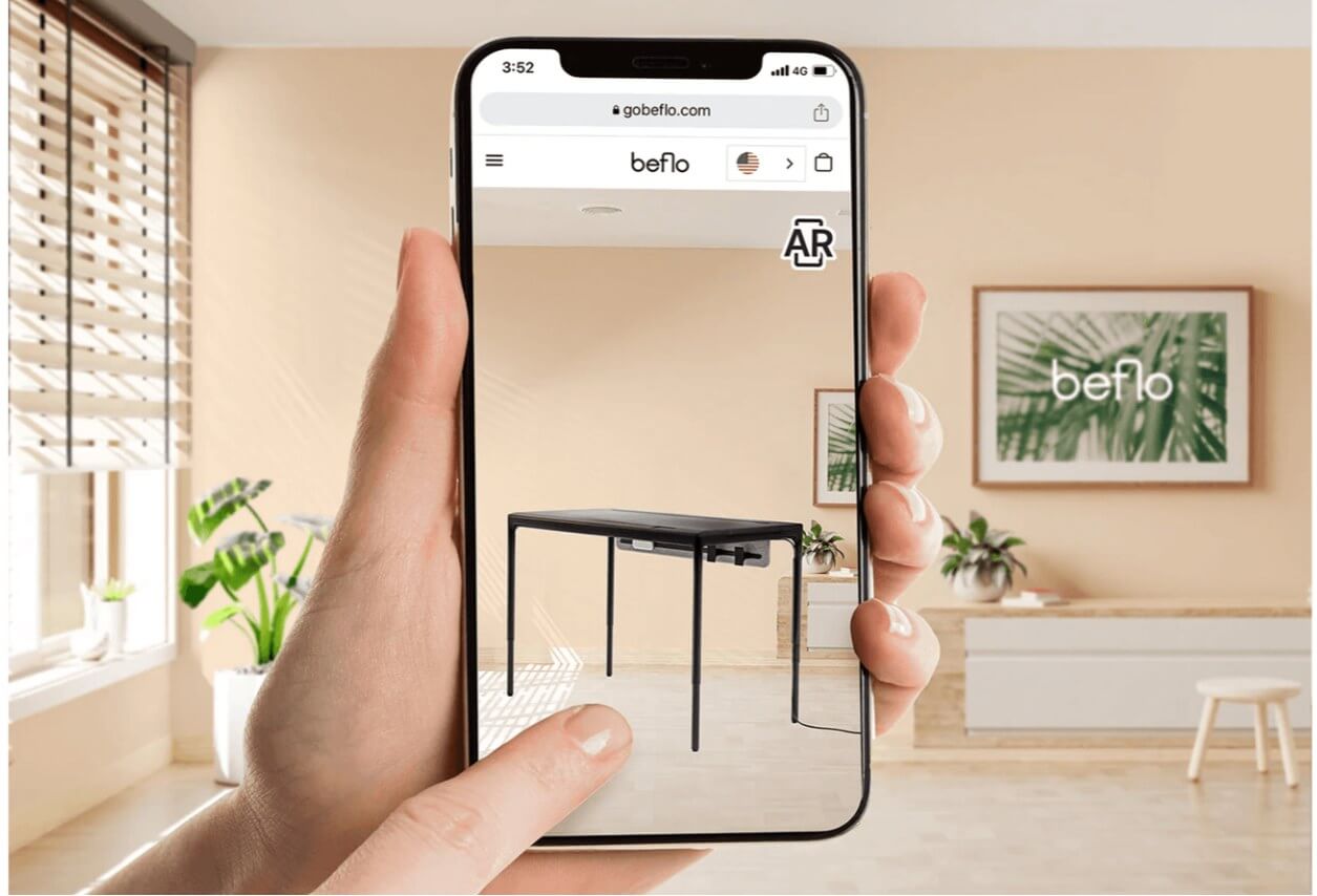 befloの昇降デスクをスマートフォンのARで部屋に表示した様子