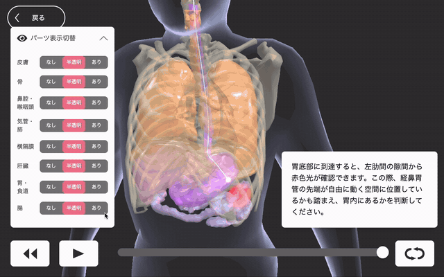 医療機器の3Dシミュレーターで皮膚や骨、臓器の表示を切り替える様子